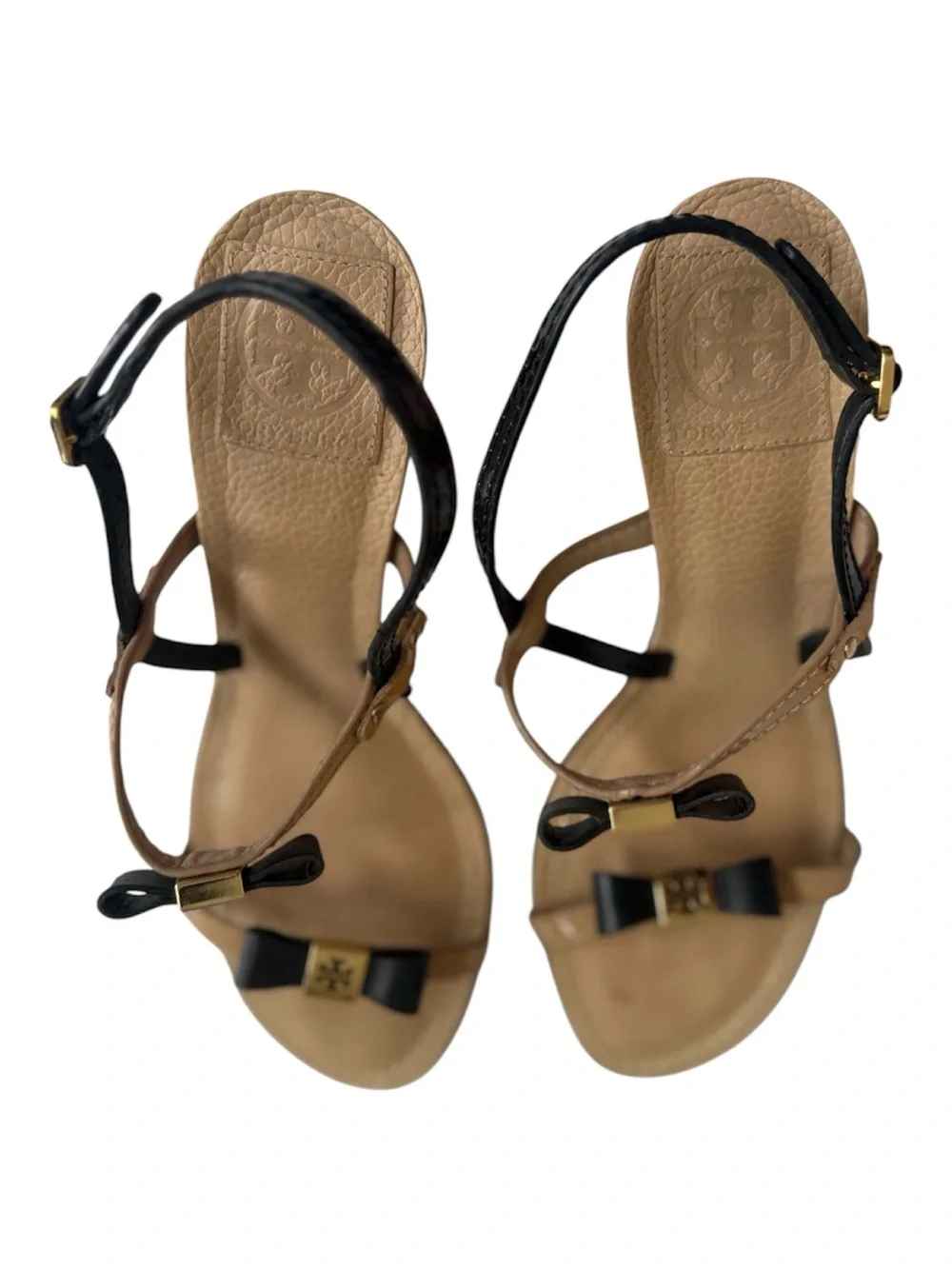 Tory Burch Tan and Black Bow T-Strap Sandals
